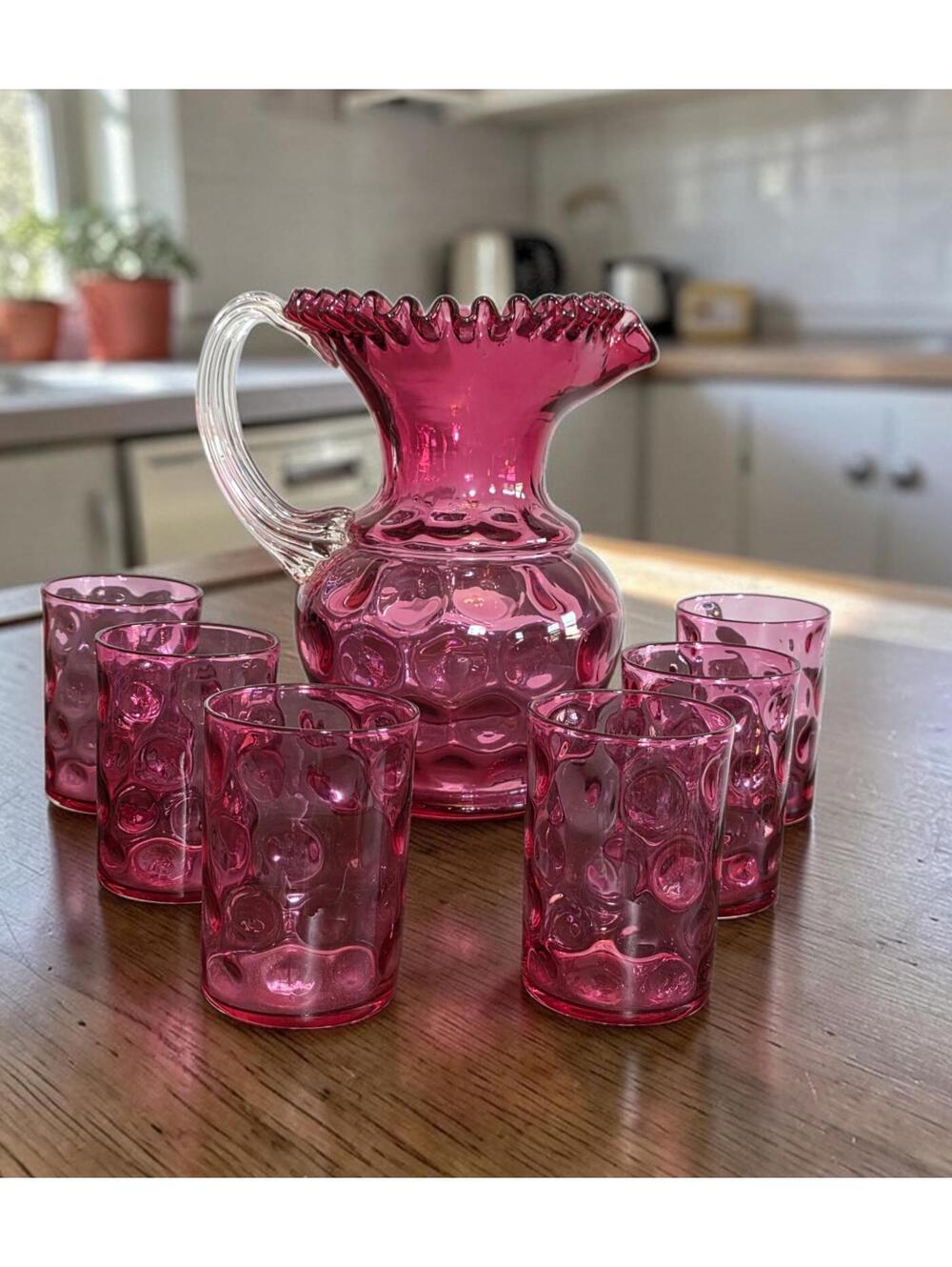 Vintage 1950s Fenton Cranberry Opalescent Coin Dot 7-Piece Pitcher and Glass Set